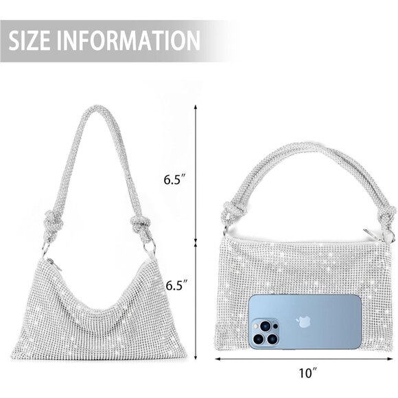 Women\'s Silver Sparkly Evening Rhinestone Crossbody Clutch Party Wedding Handbag